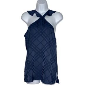 Doe & Rae Womens Halter Top Blue Plaid Sleeveless V Neck Keyhole Ruffles S New